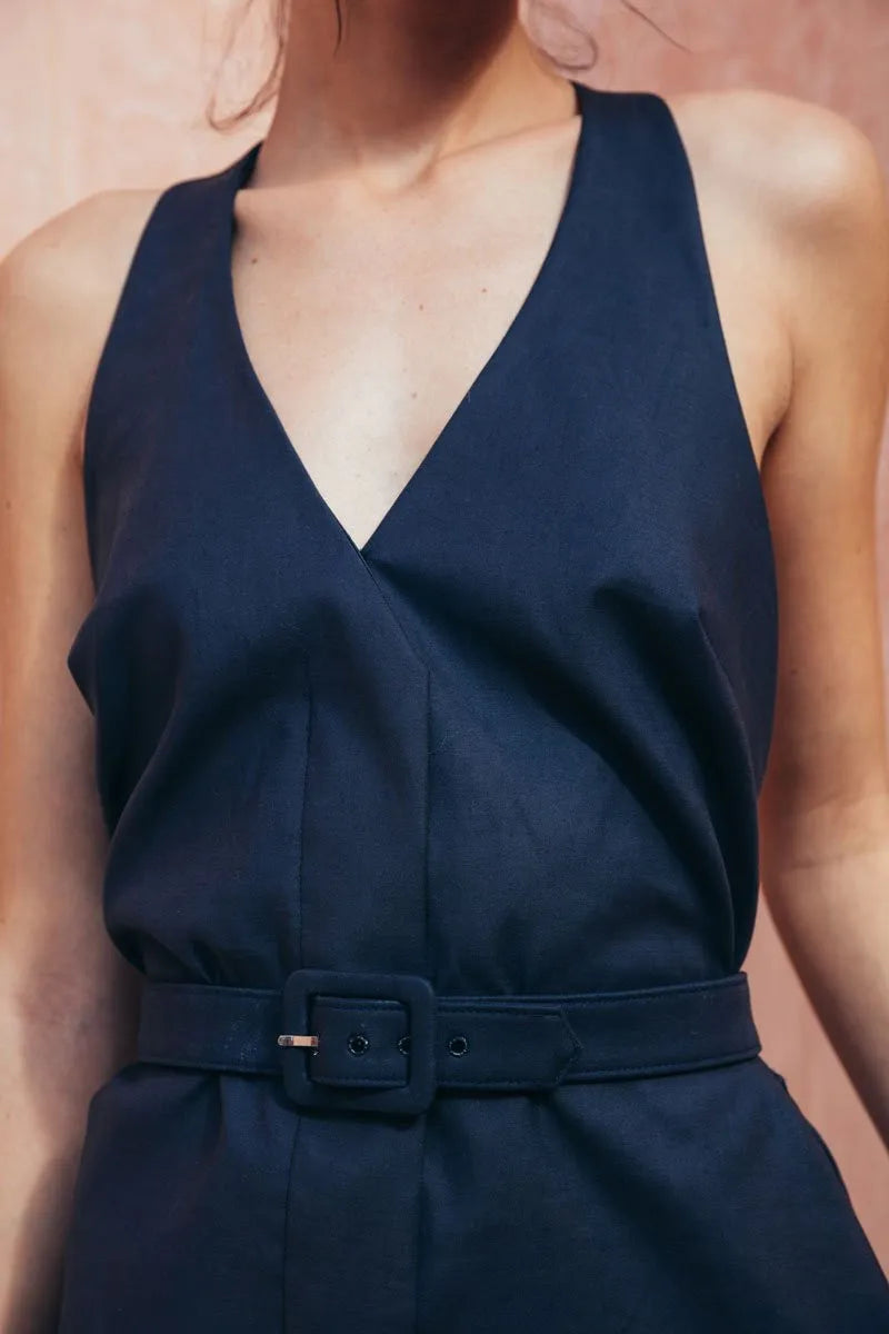 VICTOIRE NAVY BELTED MINI DRESS
